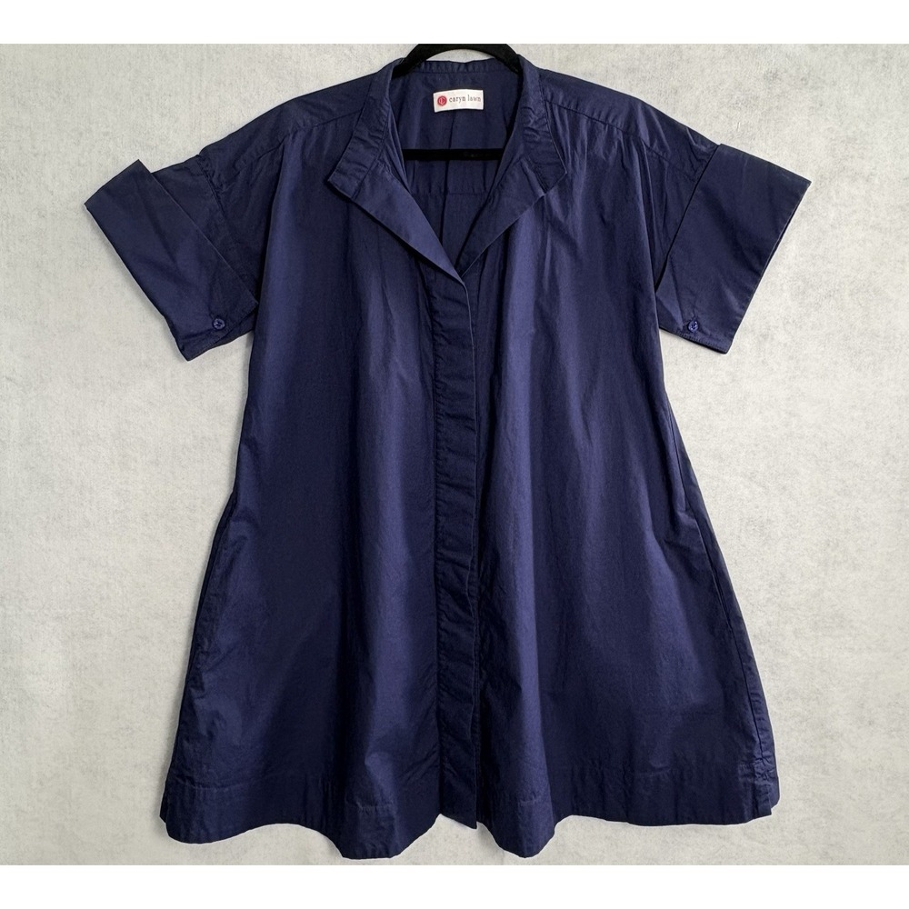 CARYN LAWN Women Short Sleeve Mini Shirt Dress Smock Sz One Size Dark Blue 3-8